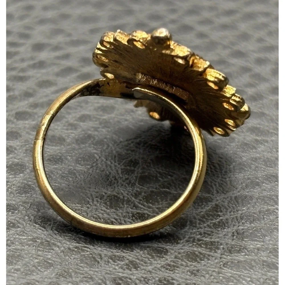 Vintage Guilloche Enamel Ornate Rose Cameo Ring Adjustable Gold Tone